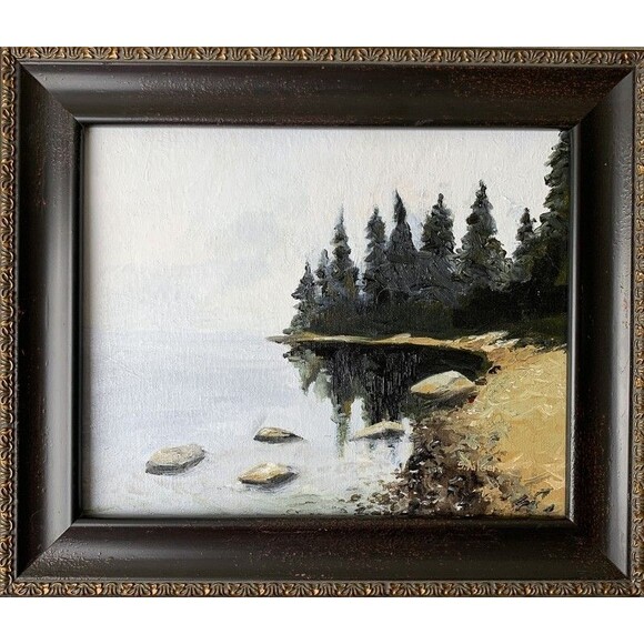 Framed Original Oil Landscape Painting Maine Atmospheric Seascape Signed 11x13" - Picture 1 of 11